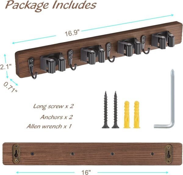 Wooden Wall-Mounted Broom and Mop Rack- 4 Slots & 4 Hooks - Image 3