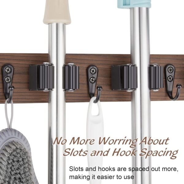 Wooden Wall-Mounted Broom and Mop Rack- 4 Slots & 4 Hooks - Image 5