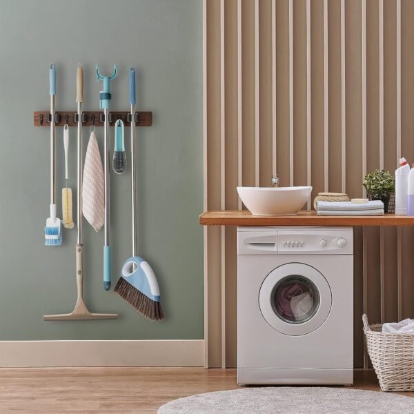 Wooden Wall-Mounted Broom and Mop Rack- 4 Slots & 4 Hooks - Image 4