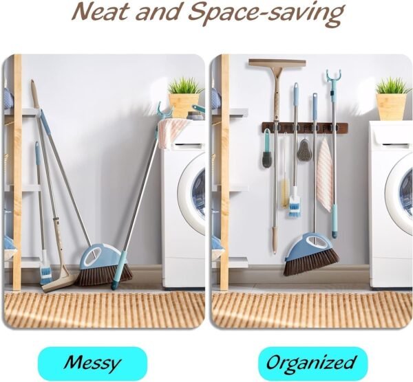 Wooden Wall-Mounted Broom and Mop Rack- 4 Slots & 4 Hooks - Image 6