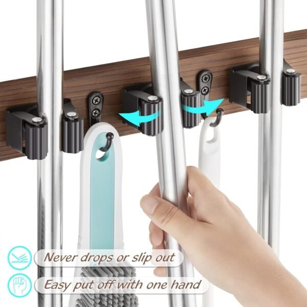 Wooden Wall-Mounted Broom and Mop Rack- 4 Slots & 4 Hooks - Image 7