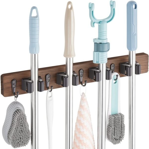 Wooden Wall-Mounted Broom and Mop Rack- 4 Slots & 4 Hooks