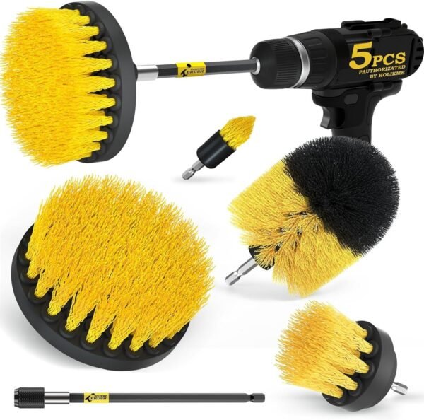 Yellow 5-Pack Drill Brush Set Extended Attachments for All-Purpose Cleaning.