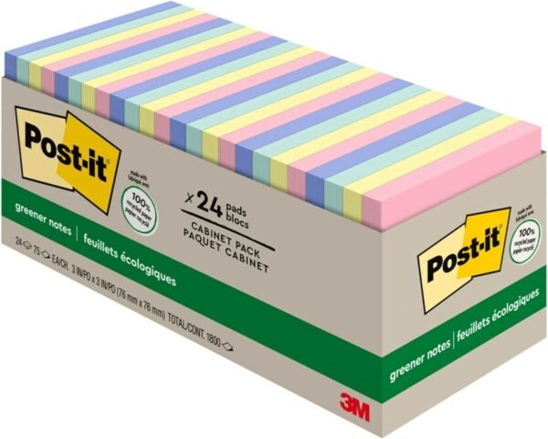 Post-it Greener Notes, 3x3 in, 24 Pads, America's #1 Favorite Sticky Notes